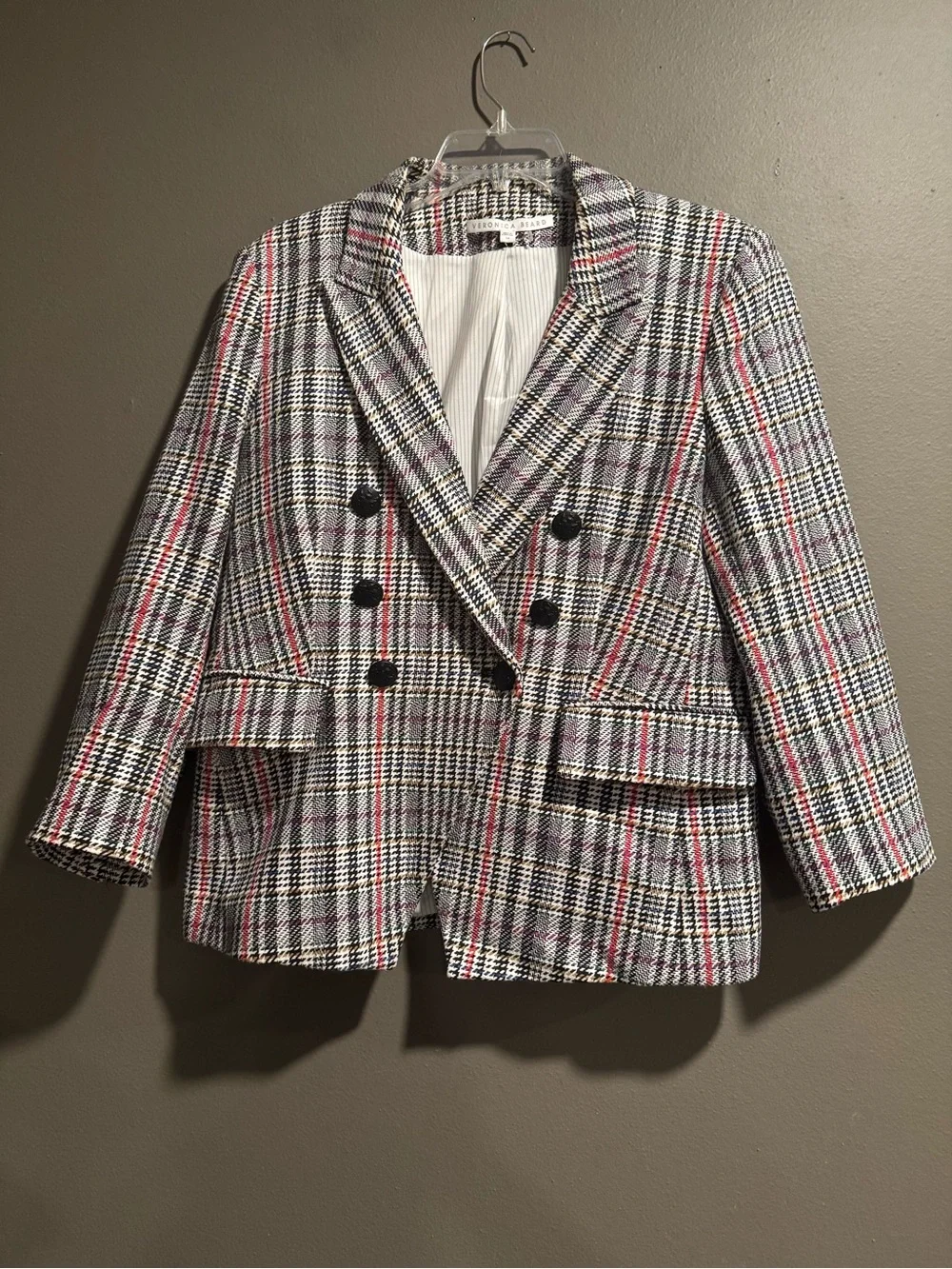 Veronica Beard Black, White & Pink Plaid Double-Breasted Blazer Size 14